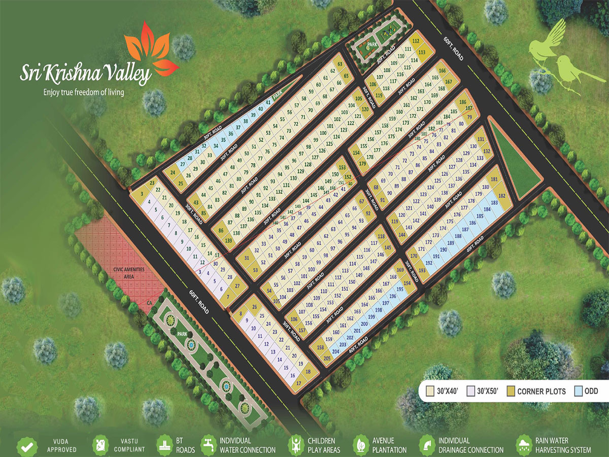 Sri Krishna Valley layout master plan showing 30x40, 30x50, corner and odd plots with parks, roads and civic amenities area