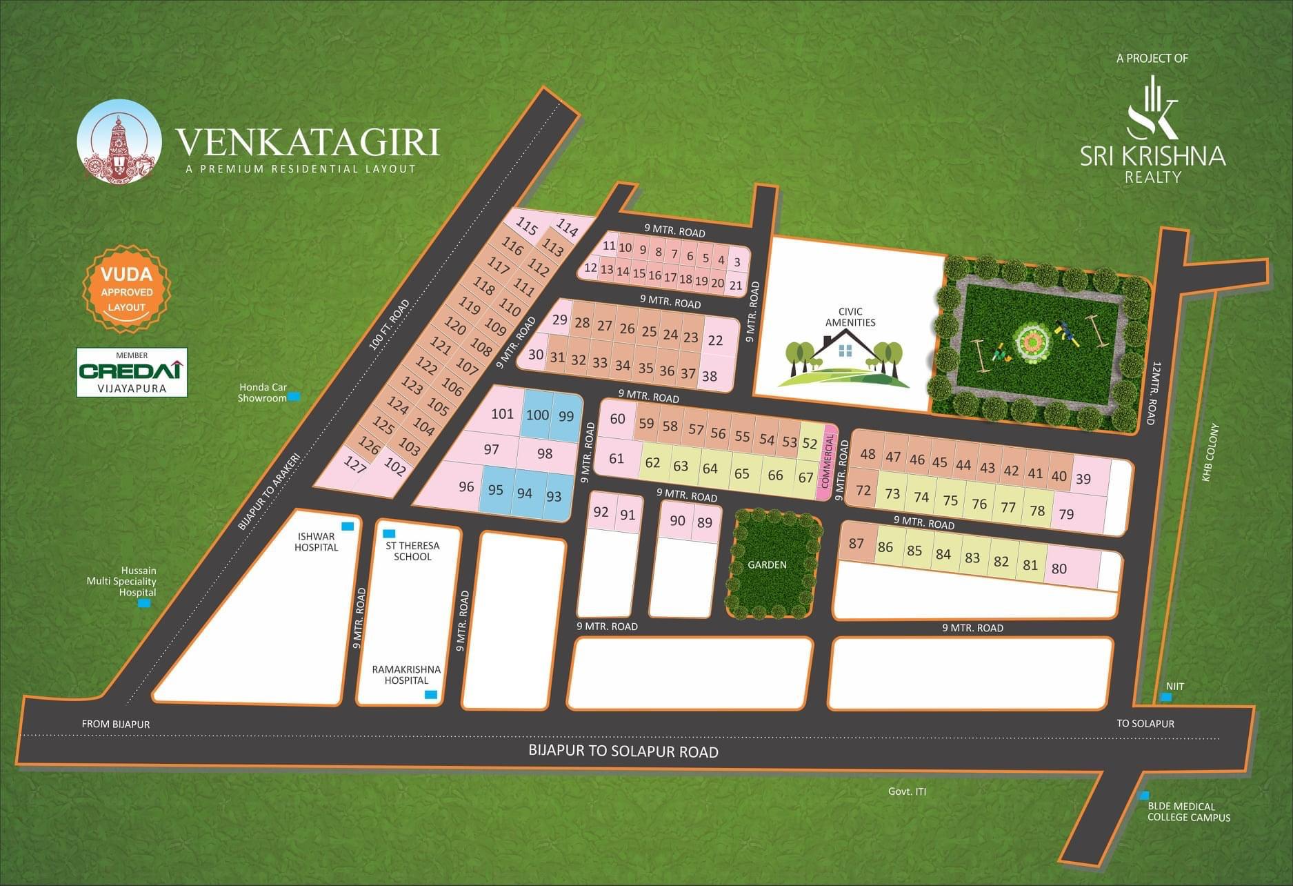Venkatagiri layout master plan showing 127 numbered plots, internal 9 metre roads, civic amenities block and park